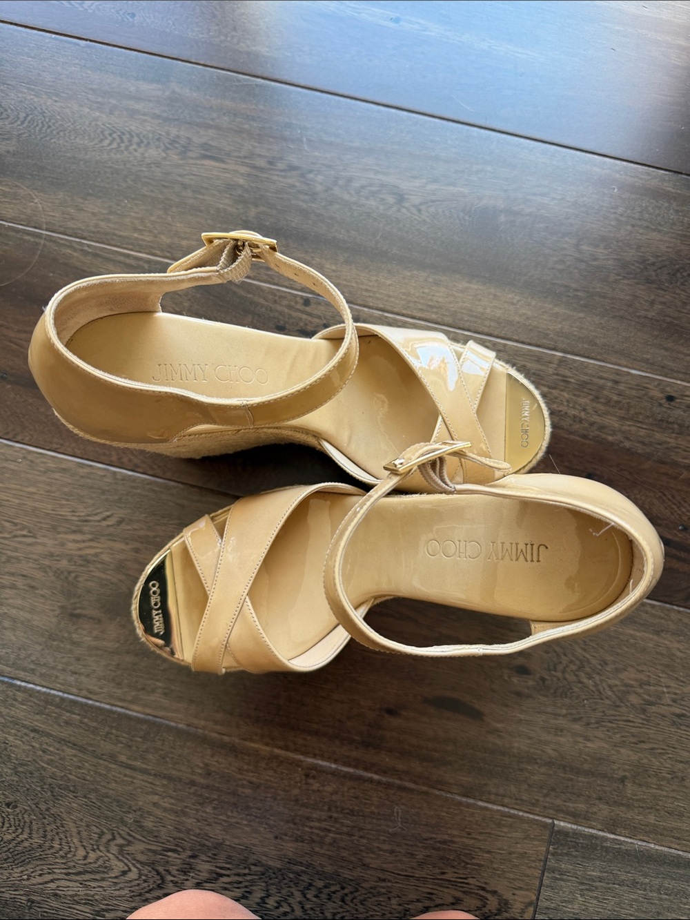 Jimmy Choo Women's Beige Patent Leather Wedge Sandals - Picture 4 of 5